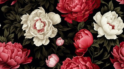 a floral summer seamless pattern with garden peonies in dark red, white, on a black background, appealing pattern suitable for fabrics, textiles, paper, wallpaper SEAMLESS PATTERN. SEAMLESS WALLPAPER.