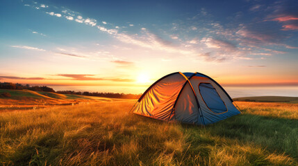 Tent in Field at Sunset, Tranquil, Natural Camping Experience. Hiking and outdoor recreation.