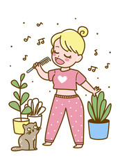 Cute cartoon young girl sings into a comb like a microphone - vector illustration for cozy design