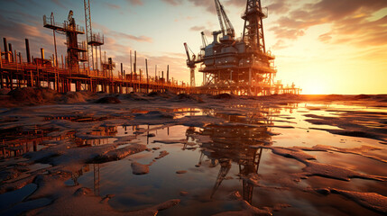 Oil platform in the ocean. Offshore drilling for gas and oil. Large oil platform for oil and gas production. Industrial resource extraction. - obrazy, fototapety, plakaty