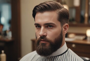 Obraz premium handsome bearded male in a hairdresser salon, Men's beard and hairstyle at a hairdressing shop