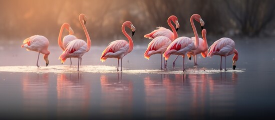 Flamingos eat fish in the river