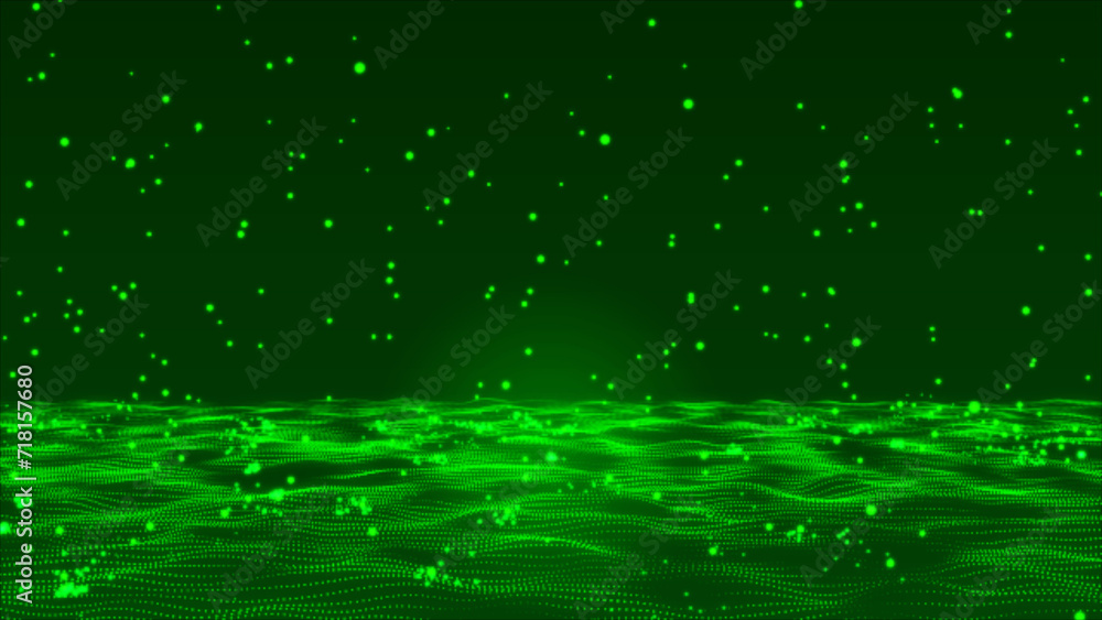 Poster abstract hi-tech bouncing green particles background. green sphere particles are falling, bouncing, 