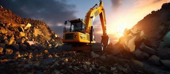 Excavator is operating in a coal mining field in hot sun, blue, orange light - obrazy, fototapety, plakaty