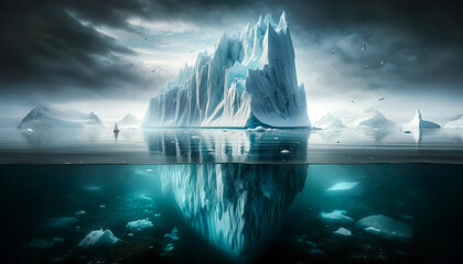 The ethereal landscape depicts a huge iceberg,the underwater part of which can be seen below a calm surface,under a dramatic,cloudy sky. The concept of hidden danger. AI generated.