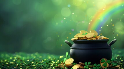 Black pot full of gold coins and shamrock leaves for st. patrick's day. Generative AI - obrazy, fototapety, plakaty