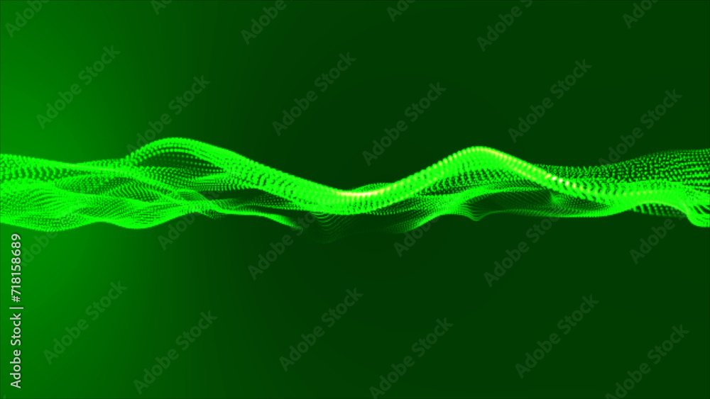 Poster flowing green dots and particles on a green background. abstract digital particle and dot wave light