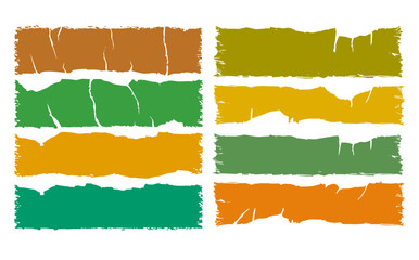 Terracotta and green ripped rectangle shapes set. Grunge torn tapes silhouettes vector illustration for scrapbook and collage design.