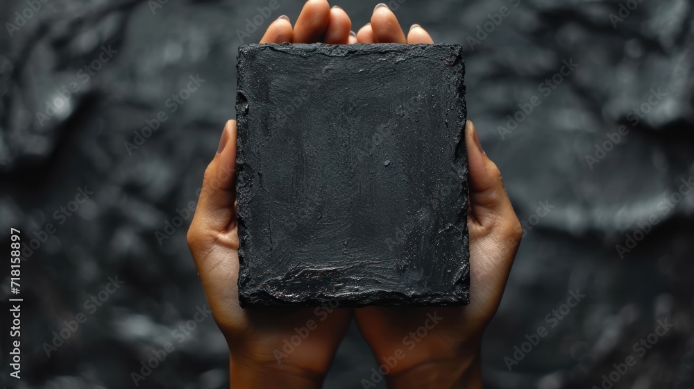 Poster a person's hands holding a black square object in front of a black rock textured wall with a black s
