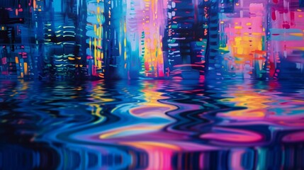 An abstract cityscape at night, with silk waves in neon blues, pinks, and yellows, imitating city lights and reflections.