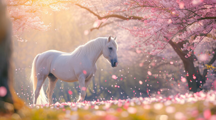 Obraz na płótnie Canvas White horse stands amidst blooming sakura, petals adrift in a serene spring garden