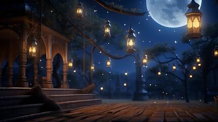  Ethereal Night with Lanterns and a Crescent Moon