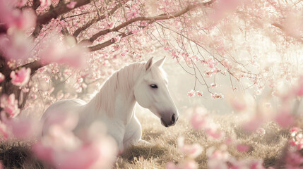 Obraz na płótnie Canvas a white horse resting under a sakura tree, soft pink blossoms framing the scene, gentle sunlight filtering through, creating a peaceful, dreamy ambiance