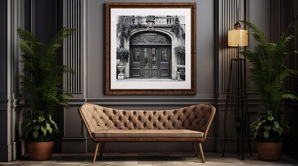 mockup poster frame featuring a vintage-style wooden frame placed in an elegant hotel entrance with a touch of nostalgia