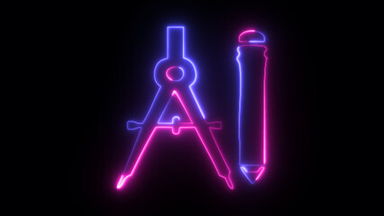 Neon Compas and pencil neon sign and icon. 3D illustration of Compas and pencil in neon light. Concepts of education and choice