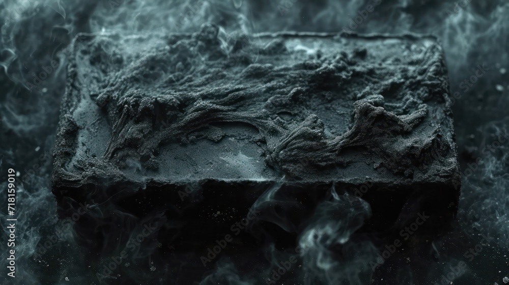 Poster a close up of a piece of food on a table with smoke coming out of the top of it and on the bottom of