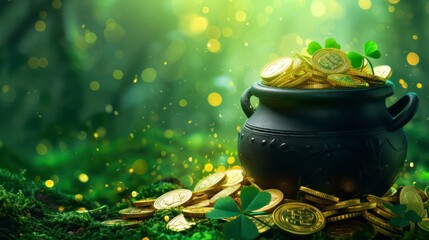Black pot full of gold coins and shamrock leaves for st. patrick's day. Generative AI - obrazy, fototapety, plakaty