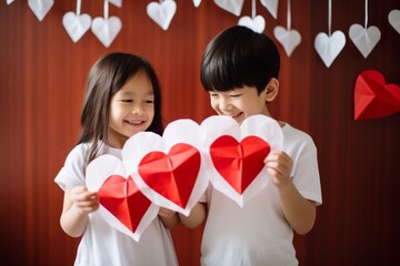 Asian boy and girl holding paper heart shapes in hands and smiling