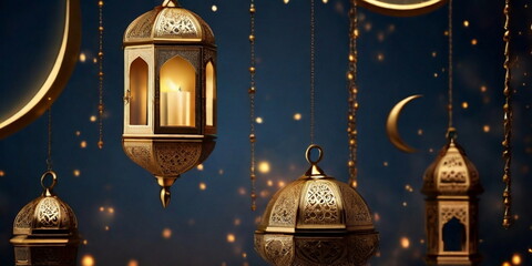 3d Crecent moon and lantern for Ramadan and Eid background design template with mosque for Muslim festival