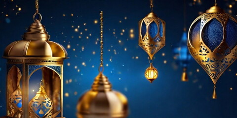 3d Crecent moon and lantern for Ramadan and Eid background design template with mosque for Muslim festival