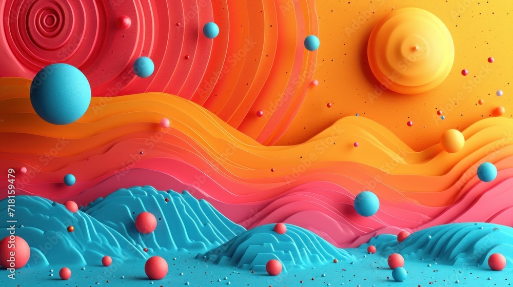 Poster an image of a colorful background with a lot of balls in the air and a mountain on the other side of