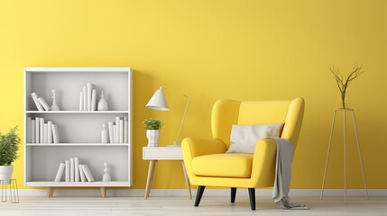 mockup poster frame with a yellow and white color combination, placed in a cozy reading nook with bookshelves and a comfortable armchair