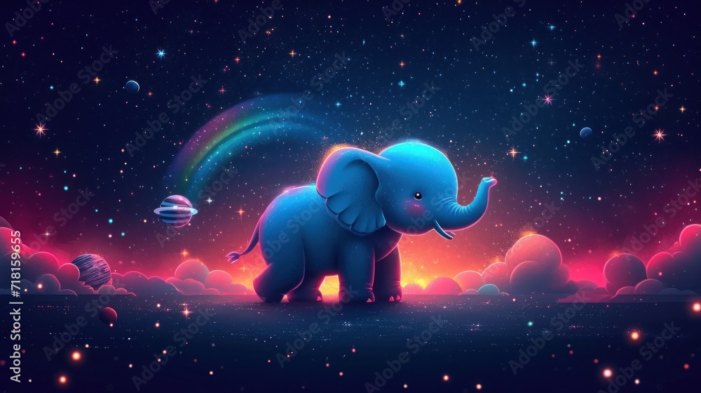 Canvas Prints  an elephant standing in the middle of the night with a rainbow in the sky and a rainbow in the sky above it with stars and a rainbow in the sky.