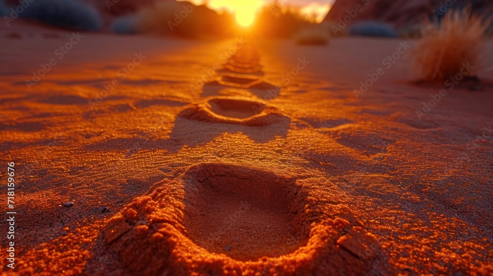 Poster a line of footprints in the sand with the sun setting in the background and a line of footprints in 