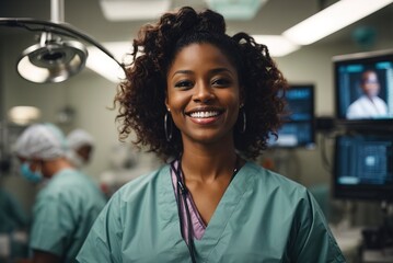 African American surgeon displays her happiness with a wide smile in the operating room of the hospita - obrazy, fototapety, plakaty