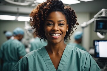 African American surgeon displays her happiness with a wide smile in the operating room of the hospita - obrazy, fototapety, plakaty
