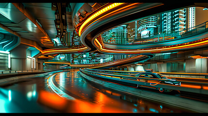 Futuristic Tunnel with Abstract Technology Background, Modern City and Neon Lights, Sci-Fi Concept