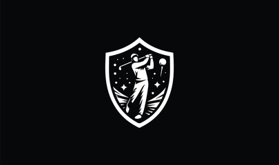 shield with swords and golf palyer is playing golfball on black background