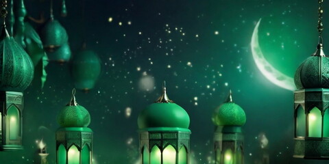 3d Crecent moon and lantern for Ramadan and Eid background design template with mosque for Muslim festival
