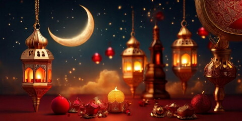 3d Crecent moon and lantern for Ramadan and Eid background design template with mosque for Muslim festival