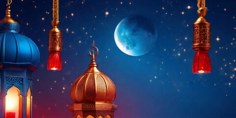 3d Crecent moon and lantern for Ramadan and Eid background design template with mosque for Muslim festival