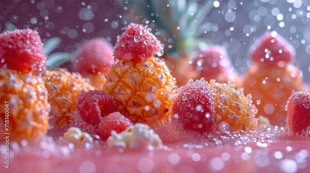 Aufkleber some raspberries and pineapples are covered in water on a pink surface with a pineapple in the middl