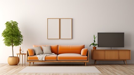 Mockup Poster Frame installed in modern living room interior design