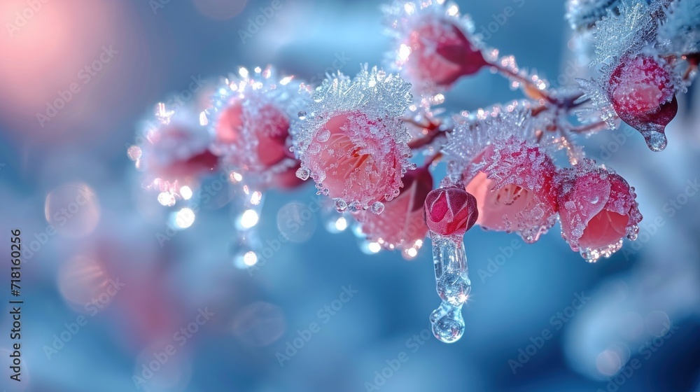 Poster a close up of a branch with drops of water on it and a blurry background of a tree branch with leave