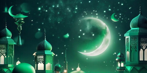 3d Crecent moon and lantern for Ramadan and Eid background design template with mosque for Muslim festival