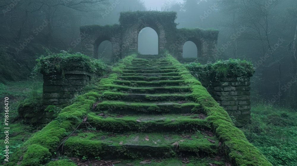 Poster  a set of stone steps with moss growing on them in the middle of a forest with a stone arch in the middle of the stairs and a foggy sky.