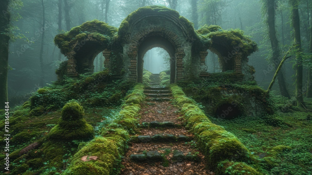 Poster a path in the middle of a forest with moss growing on the walls and steps leading up to a tunnel in 