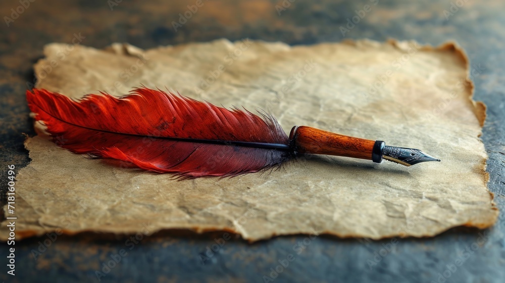 Poster a feather quill resting on top of a piece of parchment paper with a pen resting on top of it, restin