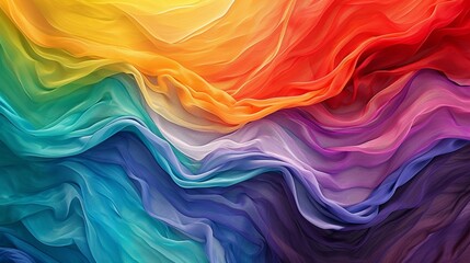 An abstract representation of a rainbow, with silk waves in vivid, flowing stripes of red, orange, yellow, green, blue, and purple. - obrazy, fototapety, plakaty