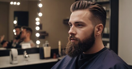 handsome bearded male in a hairdresser salon, Men's beard and hairstyle at a hairdressing shop
