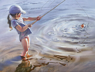 Fishing girl by the lake watercolor background - 718160494
