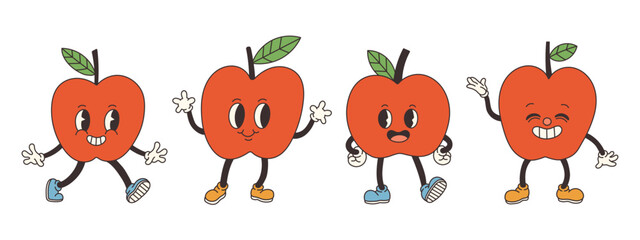 Groovy apple set. Hand draw Funny Retro vintage trendy style apple cartoon character. Doodle Comic collection