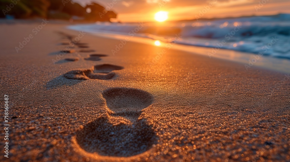 Poster footprints in the sand of a beach with the sun setting in the background and a line of footprints in