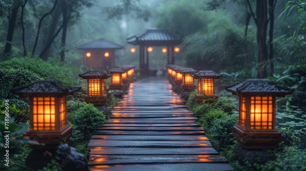 Poster lanterns lit up on a path leading to a gazebo in the middle of a lush green forest with a path leadi