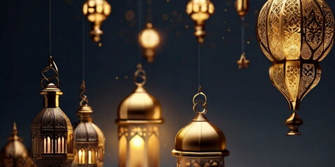 3d Crecent moon and lantern for Ramadan and Eid background design template with mosque for Muslim festival