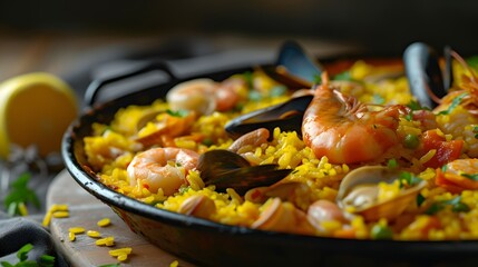 pan fried fish with vegetables, delectable serving of paella, a Spanish rice dish brimming with saffron-infused rice, tender seafood, savory meats, and aromatic spices - obrazy, fototapety, plakaty